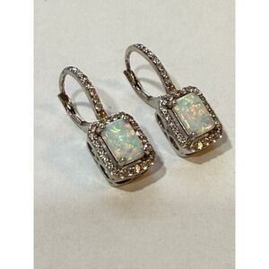 Sterling Silver Rectangle Lab Opal Halo Dangle Earrings Leverback gift special